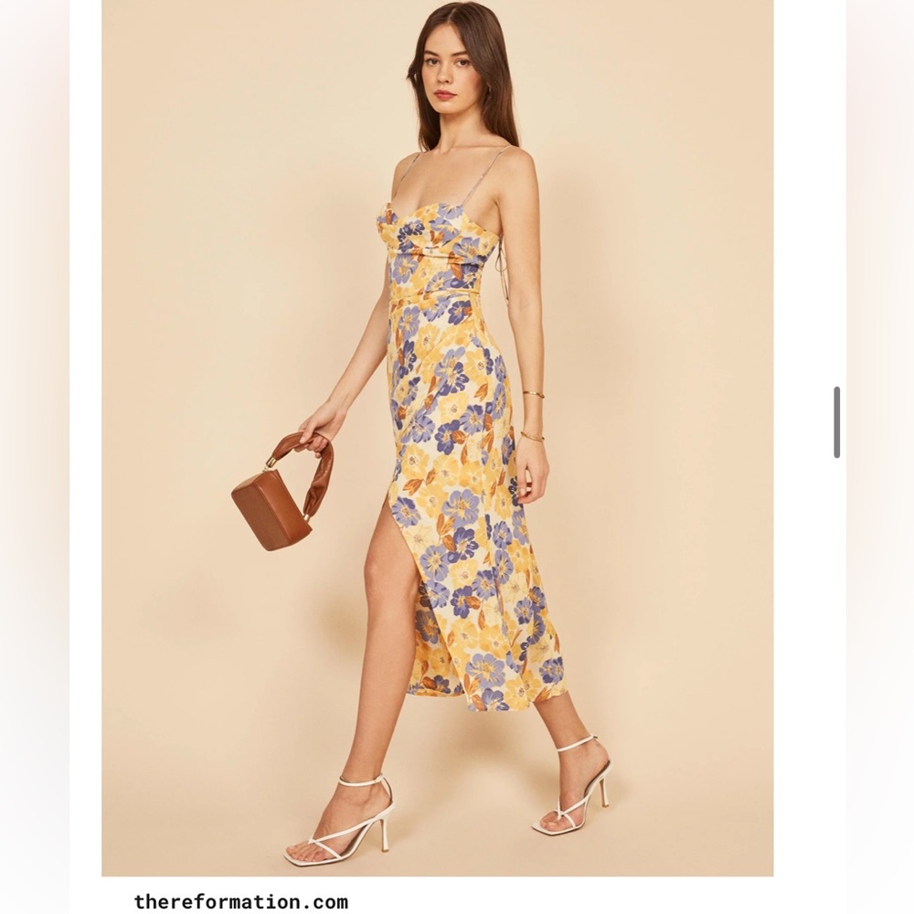 Reformation Style Yellow Floral Midi Wrap Dress with Blue Bloom Print